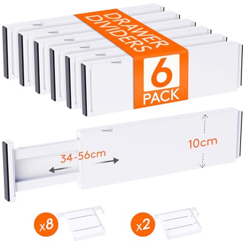 Lifewit 6 Pack Drawer Dividers 4 High, 13.5-22 Adjustable Drawer Organiser with 10 Inserts for Clothes/Makeup, Plastic Expandable Separators in Dresser/Bedroom/Bathroom/Kitchen/Office Organization