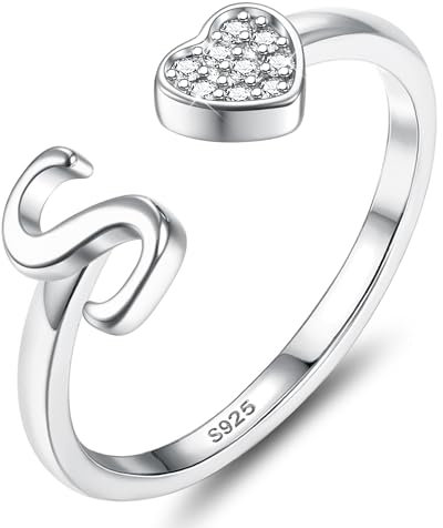 JeweBella Herz Ring Silber 925 Damen mit Buchstaben Verstellbar Ringe Frauen Stapeln Daumenring Fingerring Eheringe Engagement Promise Ring Verlobungsring Initiale A-Z Ring Damen Mädchen mit Box