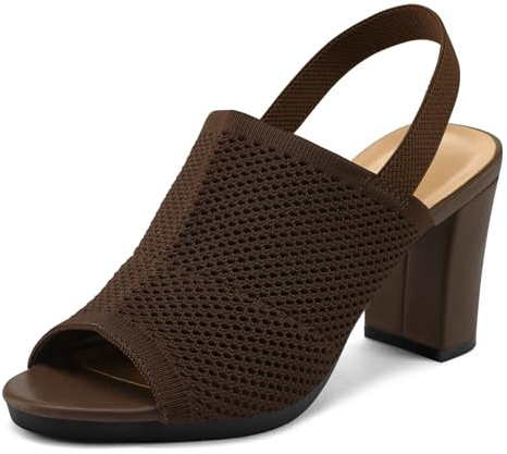 mysoft Women's Knit Chunky Block High Heels Elastic Slingback Open Toe 3 Inch Heeled Sandals,Dark Brown,9 US