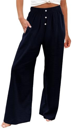 LZPCarra linnebyxor, dam, långa, svarta, palazzobyxor, dam, eleganta joggingbyxor, vida ben, sommarbyxor, hög midja, elastiska strandbyxor med fickor, fritidsbyxor med knappar, avslappnade byxor,