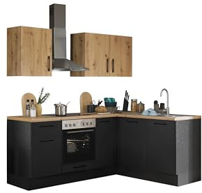 TURIN Eckküche L-Form Schwarz Artisan Eiche-Optik 210 x 211 x 60 cm (B/H/T)