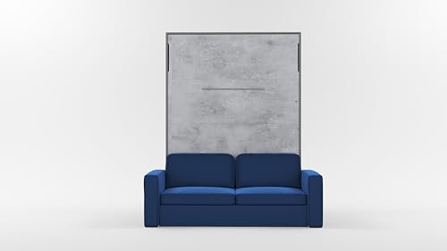 MAXIMAHOUSE Schrankbett Vertikal mit Sofa, Invento NOVA 140V mit Lattenrost aus Holz, Bett im Schrank 140x200 Erwachsene, Modern Concept und Design, Wandbett Klappbett (Grau/Beton+Blau)