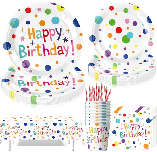 Jiahuade Partygeschirr Set,61 Stück Bunt Partygeschirr Kindergeburtstag,Bunt Polka Dot Design Thema Geburtstag Party,mit Pappteller Becher Servietten Tischdecke Strohhalme,für 10 Gäste