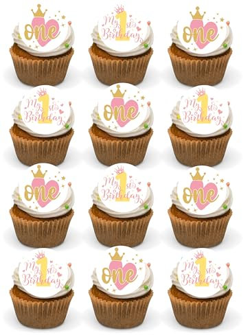 1st Birthday Girls edible Cupcake Toppers Precut Premium Wafer Card Birthday Princess First Bithday Girl