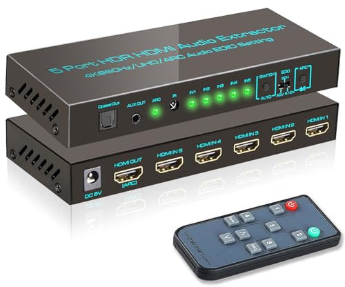 SkycropHD 4K@60Hz HDMI Switch with Audio Extractor Splitter, 5 in 1 Out HDMI 2.0 Switcher with Optical & 3.5mm AUX Audio Out