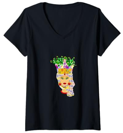 Donna Moro design Italia Sicilia Testa di moro pala di fico Maglietta con Collo a V