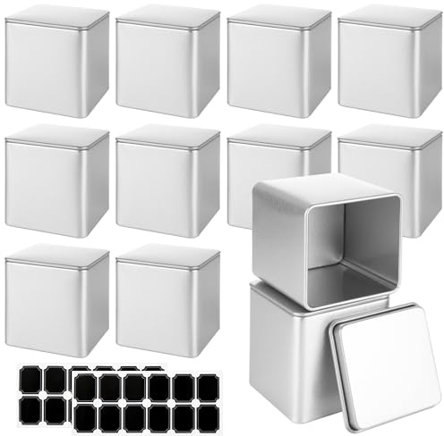 WOPPLXY 12 Pack 3Oz Square White Metal Tins, Square Tin Can, Small Tea Tin Canisters, Loose Leaf Tea Storage Containers with Airtight Lids, Tea Containers for Loose Tea, Herbs, Coffee, Cube Sugar
