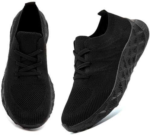 IQYNAM Womens Slip Resistant Work Shoes Tennis Running Fashion Sneakers Comfortable Athletic Gym Workout Black Slip on Shoes Size Women 8
