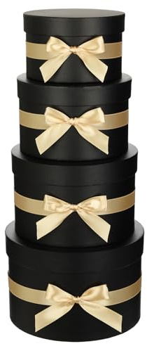 Arborus Black Gift Boxes with Lids and Champagne Silk Ribbon Set of 4 Round Gift Boxes for Presents Luxury Hat Box with Bow Paper Flower Box for Wedding Birthday Valentines Bridesmaid Christmas Party