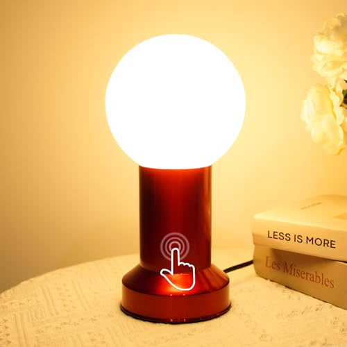 Nachttischlampe Touch, LED Rot Tischlampe Touch Kleine Lampe mit Kabel, Globen-Tischlampe mit Metallfuß, Kleine touch Lampe Nachtlicht,3000K Warmweiß E27 Fassung für Schlafzimmer Wohnzimmer