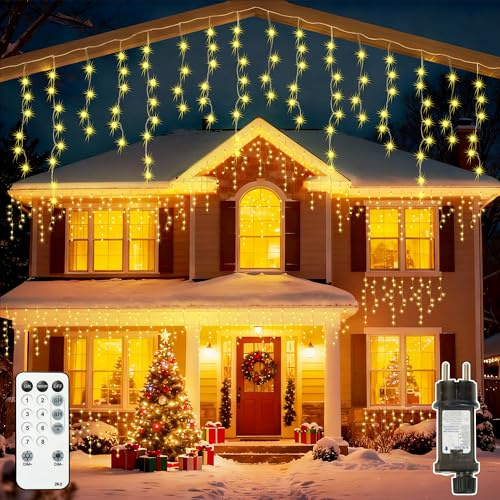 Lighprenix Eisregen Lichterkette Außen 10m - 306 LED Weihnachtsbeleuchtung Außen mit Stecker/Fernbedienung/Timer/8 Modi, IP44 Wasserdicht Warmweiß Lichterkette Außen für Balkon Dachrinne Haus Geländer