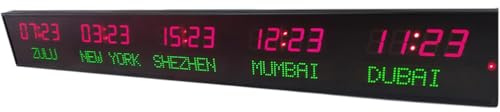 Orologio digitale con fusi orari multipli con display a 5 città, 3 livelli di luminosità, alloggiamento interamente in alluminio, facile installazione per aziende e aeroporti
