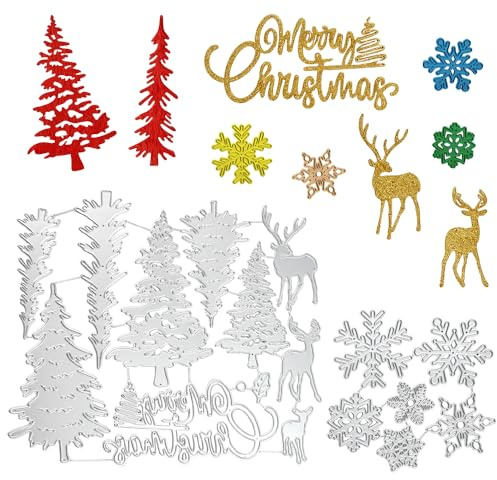 Zuxbolf 2er Set Weihnachten Stanzschablonen Stanzformen Weihnachtsbaum Rentier Prägeschablonen Schneestanzen Cutting Dies für Scrapbooking DIY Weihnachtskarten Geschenkverpackung Baumdekoration