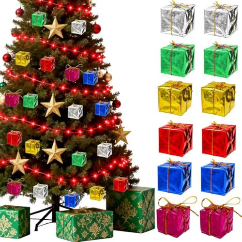 24Pcs Christmas Tree Miniature Decor MIni Hanging Gift Box - Mni Christmas Trees Ornaments Small Wrapped Present Boxes Ornaments for Small Xmas Tree Decorations (Assorted Color 0.8Inch)