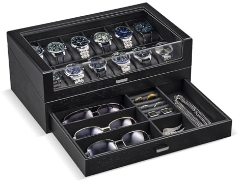 ProCase Wooden Watch Box for Men, Wood Watch Display Case with Glass Lid, Men's Jewelry Organizer Box with Drawer -12 Slot, Black