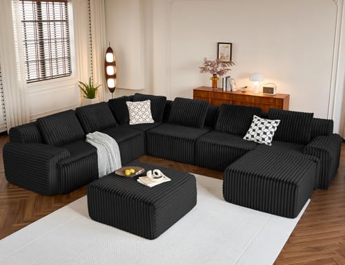 Kalafini Oversized Boneless Couches for Living Room, Black U-Shaped 8-Seat Sofa Modular Sectional Sofa, Plush Corduroy Sectional Couches, Convertible Oversized Sofa – No Assembly Required
