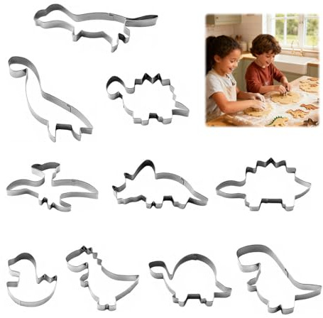 Dinosaur Cookie Cutter Set - 10-Piece Stainless Steel Cookie Cutters for Kids, Includes T-Rex, Brontosaurus, Spinosaurus, Triceratops, Head, Footprint & Baby for Dino Party Treats