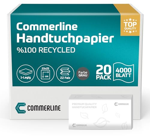 Commerline Lot de 4000 Feuilles De Papier Essuie-Mains En Papier Gris | 25 x 23 cm, 1 Couche | Pliées En ZZ | Pour Distributeur | Serviettes Jetables | Pliées Pour Toilettes | Serviettes Hygiéniques