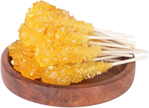 Saffron Rock Candy Sugar with Wood Stick (Nabat Chobi) 12 Sticks – Traditional Sweet Treat for Tea, Coffee, and Desserts – Premium Quality, Natural Flavor نبات