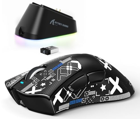 ATTACK SHARK V3PRO Ratón Gaming Inalámbrico con Base Carga Magnética, PixArt PAW3311, hasta 25000 dpi, BT/2.4GHz/Alámbrico, 100M Clics, 500mAh, 65g Ultra-Ligero para PC/Xbox/PS/Mac - Negro & Cinta