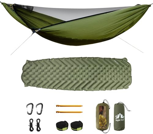 Night Cat Hängematte Outdoor mit Moskitonetz: Camping Hängematte XXL Leicht mit Aufblasbarer Isomatte für 1 Personen für Reise Trekking und Draußen