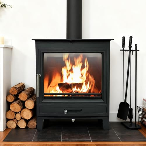 NRG 8KW Fireplace Multifuel Cast Iron Wood Burning Stove (490x335x585mm) | DEFRA Approved Eco Emissions Freestanding, Home Heating Set, Stove Heater