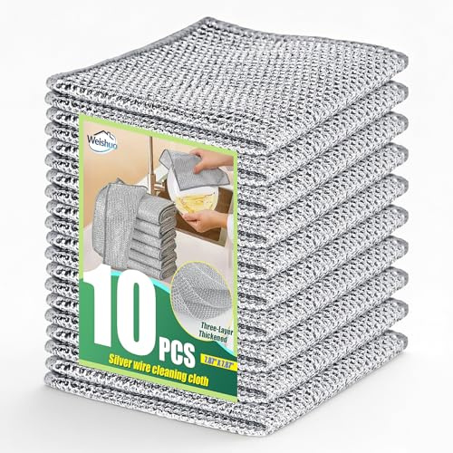 Weishuo 10 Piezas Paños de Cocina de Alambre de Plata Reutilizables Que no Rayan, Paño de Limpieza de Alambre de Acero de Tres Capas Engrosado, para Lavar Platos, Fregaderos y Placas de Cocina