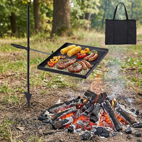 Folding Swivel Campfire Grill, Portable 2-in-1 Cooking Grate & Grill Pan with Carrying Bag, Adjustable Height 360° Rotation Over Fire Pit Rack for Outdoor Camping, BBQ, Picnic and Backyard Cooking