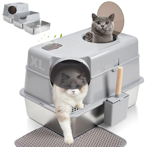 FUTAM Caja de arena de acero inoxidable con tapa, cajas de arena para gatos grandes, caja de arena para gatos grandes, caja de arena de metal para gatos con pala de arena y alfombrilla de arena, sin