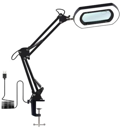 MACASA Beleuchtete Lupe, LED-Lupenleuchte mit Klemmhalterung, 10-fache & 30-fache Doppelvergrößerung, 5 Farbmodi stufenlos dimmbar augenschonende Tischlampe für Lesen, Basteln