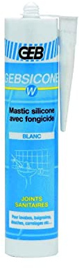 G.E.B., Silicone blanc, 310 ml, Gebsicone W, Mastic silicone avec fongicide, pour l'étanchéité des appareils sanitaires, Ne coule pas, Blanc, Pâte thixotrope, Durcissement par réticulation acétique