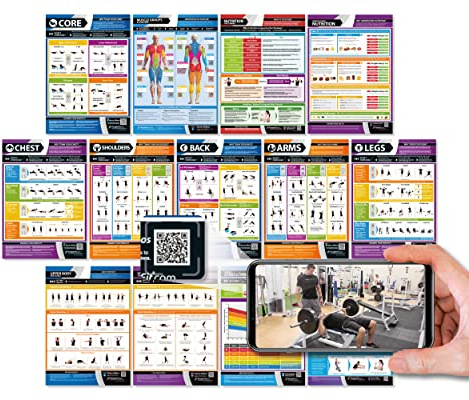 Fitness-Poster für Muskelaufbau-Übungen und Konditionierung – Set mit 13 Fitness-Workout-Diagrammen | laminierte Fitness-Poster | Größe – 594 mm x 420 mm (A2) | Video-Tutorials | Verbessert die persönliche Fitness
