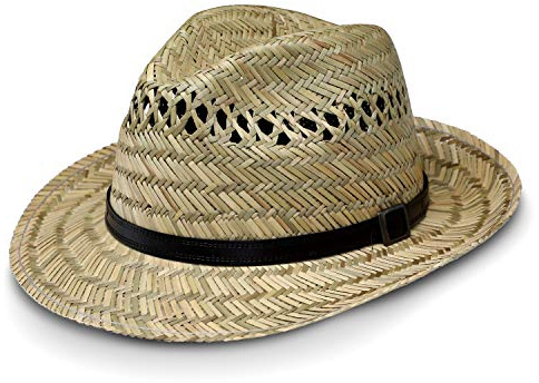 fiebig Bogart Strohhut für Damen & Herren | Sonnenhut aus 100% Stroh mit veganem Leder-Hutband | Natur Fedorahut in vielen Größen