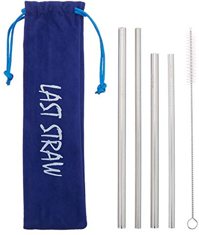 LAST STRAW Navy Blue Velvet Collection – Portable 304 Stainless Steel Cocktail Length Eco-Friendly Drinking Straws - Set of 4 Washable Silver Metal Straws + Brush + Velvet Carrying Pouch