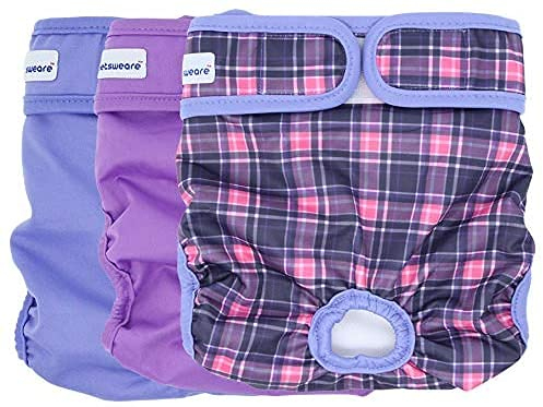 Petsweare Wasserdicht Saugfähigkeit Waschbare Robuste Wiederverwendbare Hundewindeln Läufigkeitshose Inkontinenzunterlage für Weiblichen Welpe und Hündinnen 3 Pack (Medium, Lila)