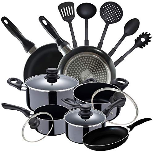 San Ignacio PK2351 Batería 8 piezas Porto, 5 Utensilios de cocina y Set 3 sartenes, diámetro 16/20/ 24 cm, Multicolor, aluminio prensado, antiadherente, inducción