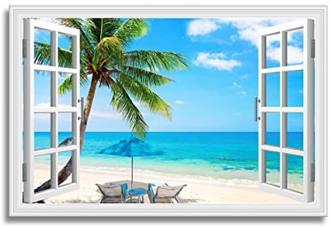 Woxfcart Strandpalme, Wandkunst, Ozean-Szene, Bild mit Fensterdrucken für blau-blaugrünes Wohnzimmerdekor, 36 x 24 cm