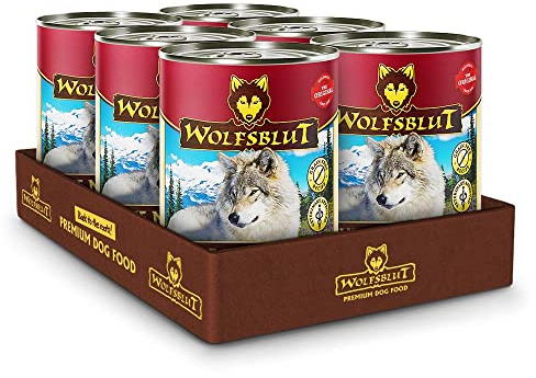 WOLFSBLUT – Blue Mountain Adult | Nassfutter mit natürlichen Zutaten und wertvollen Superfoods für ausgewachsene Hunde. Getreidefreies Alleinfutter ohne Zusatzstoffe in der Dose | 6x395g Wild