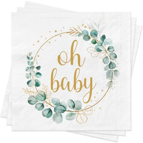 Sprinlot 40 Stück Servietten Babyparty, Oh Baby Taufe Jungen Mädchen Konfirmation Eukalyptus Deko, Partyservietten für Baby Shower Tischdeko