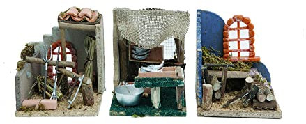 Aurora Store Set 3 pz Ambientazione PRESEPE Bottega Stalliere, Pescivendolo, Falegname, Fabbro, Arrotino, banco del Pane BANCARELLA Mestieri 14 x 15 x h. 15 cm 6 Negozi per PASTORI di Natale (Set 1)