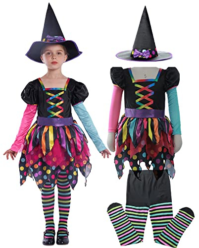 Sincere Party Deluxe Neon Strega Costume con Cappello, Collant per Ragazze 7-8 anni