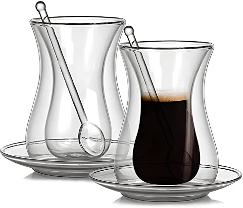 YY Lot de 2 verres à café turc à double paroi et soucoupes avec cuillères à mélanger, 150 ml, parfaits pour les fêtes, les cadeaux, les pendaisons de crémaillère, les mariages, les anniversaires