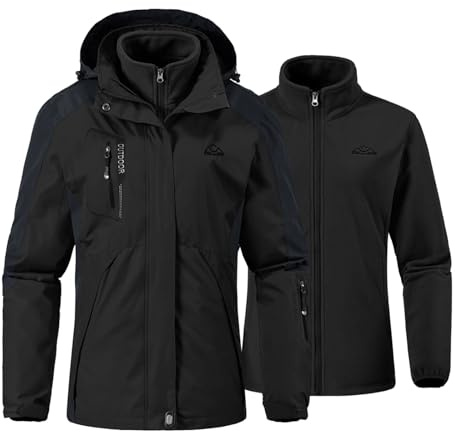 YSENTO Veste de ski 3 en 1 pour femme - Veste polaire imperméable - Coupe-vent - Chaud et fonctionnelle - Avec capuche amovible, Noir , S
