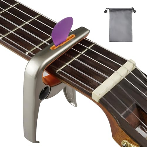 Musiin 3IN1-Kapodaster, Kapodaster aus Zinklegierung für akustische und elektrische Gitarren, Ukulele, Mandoline, klassisches Gitarrenzubehör (Champagnergold/Orange)