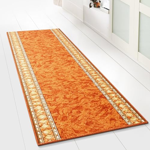 KARAT Moderner Wohnteppich mit Muster - maßgefertigter Teppichläufer - Meterware - Teppich Läufer für Küche, Flur & Wohnraum - Flurteppich - Küchenläufer (80 x 350 cm, Rügen Terra)