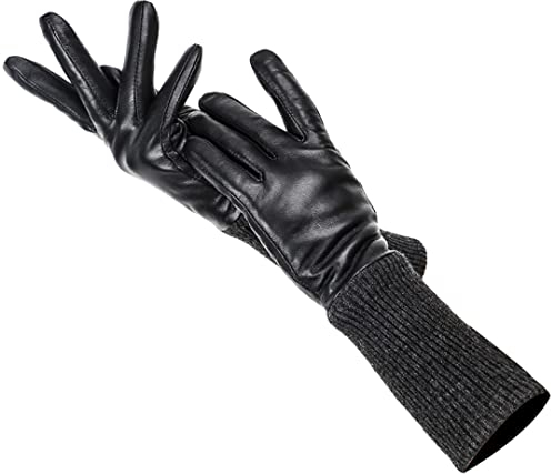 Mode Schwarz Damen Lange Handschuhe, Echtleder Halten Sie Warm Damen Lederhandschuhe, Schaffell Damen Handschuhe Schwarz 8.5