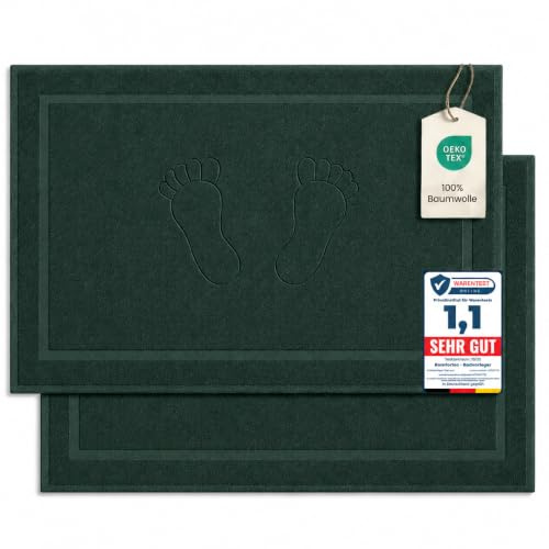 Komfortec 2er Badvorleger aus 100% Baumwolle, 800 GSM Duschvorleger | Waschbar, Badematte, Badteppich, Saugfähig, Frottee, 50x80 cm, Dunkelgrün