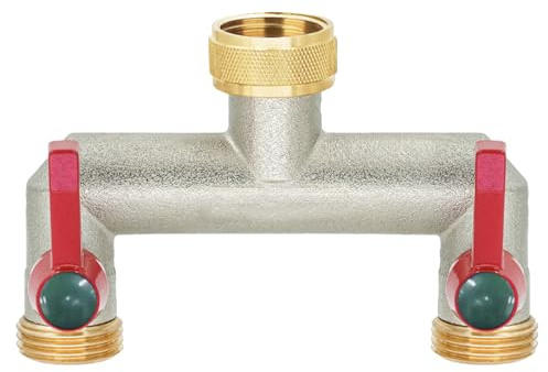 2-Wege Wasserverteiler für gleichzeitigen Anschluss von Zwei Geräten, 2-Wege-Verteiler 3/4 aus Messing Vernickelt mit Kugelhähnen, Wasserdurchfluss Regulier und Absperrbar, 1 Stück