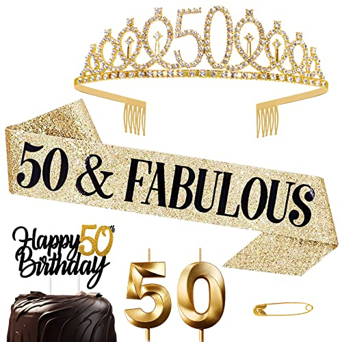 Jonvell 50 Anni Compleanno Corona Fuscia Oro Compleanno Crown Coroncina Diadema Fusciacca Candele Cake Topper Decorazioni Regalo di Compleanno Donna