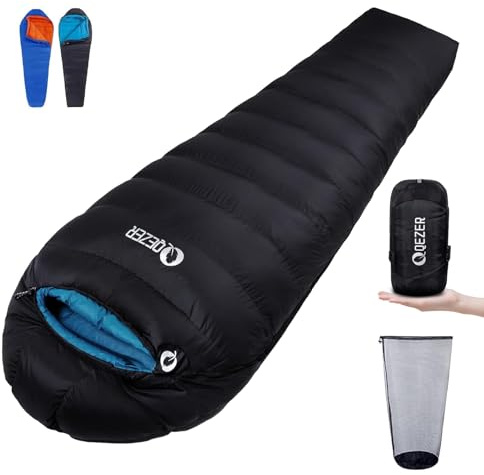QEZER Sacco a Pelo in Piuma Invernale -8℃ da Esterno, 2.32 kg Leggero e Caldo, 4 Stagioni con Piumino di Alta Qualità 600+ FP per Campeggio(Nero -8°C)